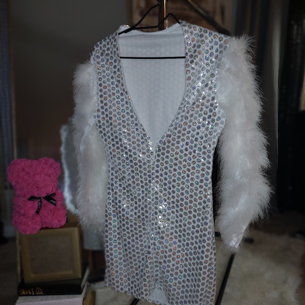 *New* Momycharm Sequin Prom Sparkly Dress Long Slve Mini Wte Feather Dress Sz.M - Picture 3 of 3